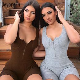 Beyprern Stretchy Unitard Knit Ribbed Bodycon Playsuit Casual Zipper Biker Shorts Lounge Wear Fitness Rompers Womens Jumpsuit T200704