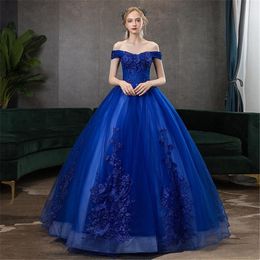 2021 New Royal Blue Flowers Appliques Bateau Ball Gown Quinceanera Dresses Lace Up Sweet 16 Dress Debutante Prom Party Dress Custom Made 045