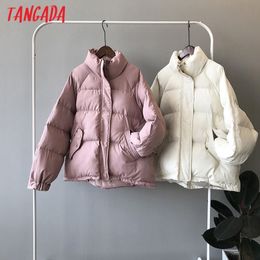 Tangada Women Solid Pink Thick Oversize Parkas Winter Female Zipper Pocket Warm Loose Coat Overcoat ASF67 210203