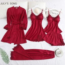 JULY'S SONG 5 Piece Pajamas Set Sexy Lace Stain Women Pajamas Faux Silk Dressing Gown Lace Summer Robe Sleepwear With Chest Pads Y200708