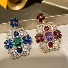 Hot Sale Colorful Diamond Gem Earring Romantic Love Gifts Blue Crystal Flower Square Dangle Wedding Fashion Jewelry Women Silver Earrings