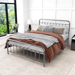 Cadre de lit en métal américain Taille de lit en plein air avec tête de lit vintage et pied de lit, fond de matelas en acier robuste solide / noir et A56