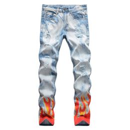 Men's Jeans Flame Print Snow Washed Light Blue Denim Pants Slim Straight Trousers White
