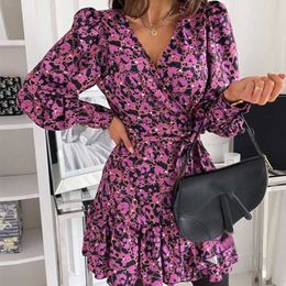 Lantern Sleeve Summer Dress Women Ruffles Elegant Party Dresses V Neck Office Ladies Dress Print Wrap Sundress Female Vestidos Y0118