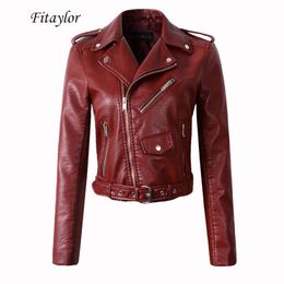 Fitaylor Women Wine Red Faux Leather Jackets Lady Pu Leather Jacket Bomber Motorcycle Biker Pink Black Outerwear With Belt 201029