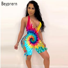 Beyprern New Chic Tie-Dye Matching Bandage Jumpsuit Womens Cute Printed Lace-Up Rompers Female Bodycon Playsuit Club Overalls T200704