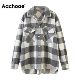 Aachoae Women Vintage Tweed Plaid Shirt Jacket Long Sleeve Single Breasted Coat With Pockets Turn Down Collar Ladies Jackets 201112