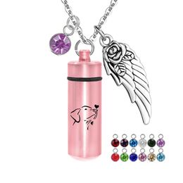 Ashes Jewelry For Dog With 12 Birthstones Aluminum Alloy Cylinder Cremation Urn Ashes Memorial Pendant Keepsake Necklace