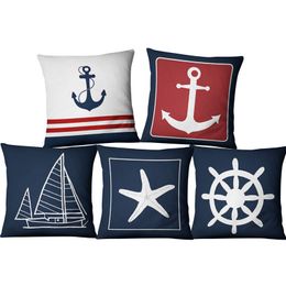 Blue anchor sailor nautical American marine style linen pillowcase home fabric sofa Mediterranean cushion car Pillowcases Cushion cover