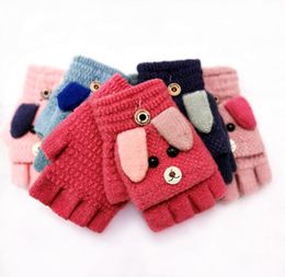 13cm kids gloves Autumn and winter knit flip half fingertip gloves boys and girls lovely thick velvet warm writing gloves
