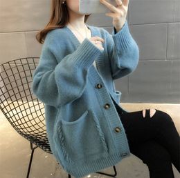 Women Cardigan Simple Casual Knitted Jacket Spring Autumn V-Neck Black Pink Loose Basic Cardigan Sweater Plus Size Female Coat 201029