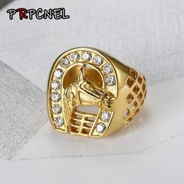 Cluster Rings Horse Head Ring With Zircon Male Fashion Jewellery High-quality Promotion Men Gold Colour Hip Hop 316L Stainless Steel1