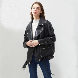 Fitaylor PU Faux Leather Jacket Women Loose Sashes Casual Biker Jackets Outwear Female Tops BF Style Black Leather Jacket Coat 201226