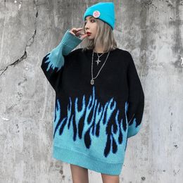 Flame Crew Neck Knitwear Jacquard Women 'S Sweater Hip Hop Sweater Pullover Hipster Sweater Woman Clothing 210218