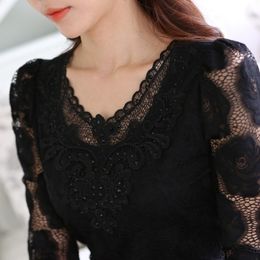 6XL Hollow Out Lace Blouse Elegant Shirt Ladies Tops Crochet Long Sleeve Embroidery Patchwork Women Blouses Tops White DF2753 201125