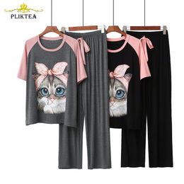 Kawaii Casual Cartoon Print Women's 2 Piece Set Modal Homewear Loose Cute Atoff Home Cloth Suit Female Pyjamas Set Sleepwear LJ200814