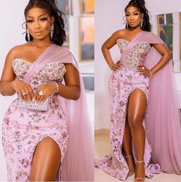 Arabic Aso Ebi Pink Lace Mermaid Prom Dresses 2022 One Shoulder Plus Size Sexy High Split Formal Evening Occasion Gowns Robe De Soiree