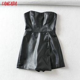 Tangada Fashion Women black faux leather strapless Playsuit Long Sleeve zipper Vintage Female sexy pu Jumpsuit 6A342 T200704