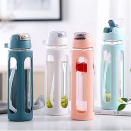 600ML Glass Water Bottle Straw With Plastic Protective Case Portable Leakproof My Water Bottles For Sports Hiking 201106