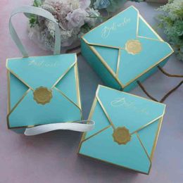 14.5*14.5*8cm 10pcs Best Envelop Gold Stamp Aquamarine Paper Box Candy Cookie Chocolate Macaroon Wedding Gift Packaging H1231