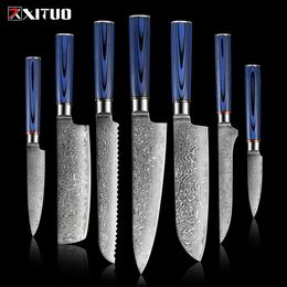 XITUO VG10 Damascus Steel Kitchen Knife Set 1-7PCS Luxury Blue G10 Handle Sharp Damascus Chef Knife Cleaver Santoku knife