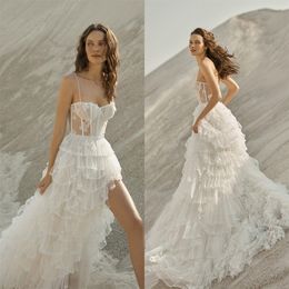 spaghetti straps a line wedding dresses see through corset top boho vestido de novia side slit tiered skirt bridal gowns