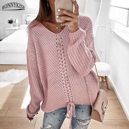 RONNYKISE Sexy V-neck Lace Up Knitted Sweaters Long Sleeve Solid Stitching Loose Sweater Autumn Winter Casual Sweaters T200101