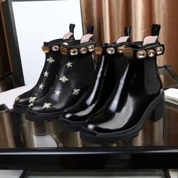 Botas con diamantes para mujer, botas gruesas de cuero con bordado de abeja negra, botas cálidas color piel, zapatos de invierno para motocicleta, talla 35-42