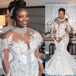 New Sexy Crystal Mermaid Wedding Dresses 2021 High Neck Sheer Long Sleeves Lace Crystal Beaded Bridal Wedding Gowns Elegant Robe D285p