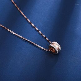 Pendant Necklaces Korean Fashion Round Stainless Steel Crystal Roman Numerals Rose Gold Color Long Chain Necklace For Women Jewelry1