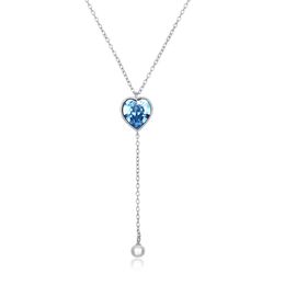 ZEMIOR Long Tassels Women Necklace S925 Sterling Silver Heart Pendant Austria Shining Blue Crystal Fine Jewelry Q0531
