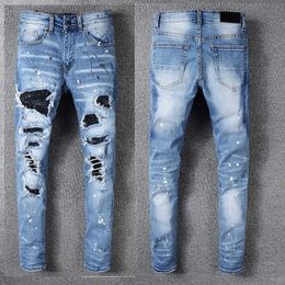 Men's Jeans Fashion brand diamond studded jeans hole patch spray paint splash ink elastic slim legged jeans