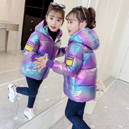 new girls bright shiny thick down cotton Colourful bread coat snowsuit cotton coat big children parka warm and down jacket 201104