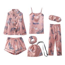 Women Pajamas Sets Spring Summer 7 Pcs Set Silk Print Shorts Long Sleeve Top Elastic Waist Pants Full Lounge Sleepwear Nightwear Y200708