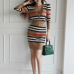 Autumn 2 Piece Suit Ladies Winter Knitting Striped Korea Long Sleeve V Neck Tops and Mini Skirt Sexy Set for Women Clothing 211221