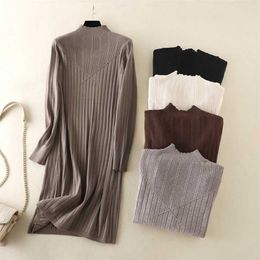 HL Chic Long Knit Maxi Women Sweater Dress Thick Warm Winter Pleated Dress Female Rib Turtleneck A Line Dress Office Lady 211221