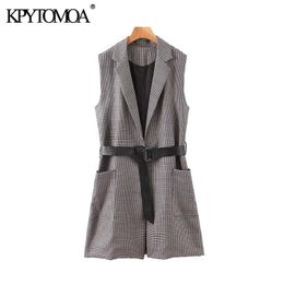 Vintage Stylish Office Wear Houndstooth Waistcoat Women Fashion Sleeveless With Belt Plaid Female Vest Outerwear Chic Tops 201102