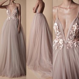 Sexy Tulle Long Evening Dress 2020 New Arrival Backless Court Train Flowers Blush A Line Special Occasion Prom Gowns Custom Made LJ201124