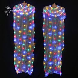 Stage Wear Colourful LED Fan Bone More Belly Dance Performance Silk Fans Shining Rainbow 1 Pc / Pair With Batteries