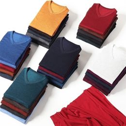 Autumn New Men's V-neck Thin Wool Sweater Classic Style Solid Colour Business Casual Pullover Male Brand Clothes 201125