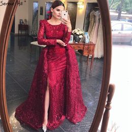 Muslim Wine Red Long Puff Sleeves With Train Mermaid Evening Dresses Gowns 2021 Formal Dress For woman Serene Hill LJ201123