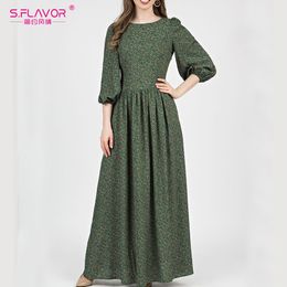 S.FLAVOR Women Floral Printed Autumn Dress Vintage 3/4 Lantern Sleeve Maxi Long Dress Elegant Women Retro Vestidos Winter 201126