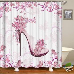 Fashion Lady Shower Curtain Pink High Heeled Design With Red Lipstick Perfume Print Bathroom Shower Curtains for Girl T200711