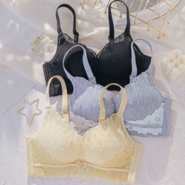 Wasteheart Women Yellow Blue Lace Bow Trim Bralette Cotton Panties Push Up Bra Sets Padded Underwear Sexy Lingerie Sets A B