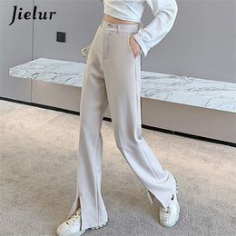 Jielur Fashion Black Trousers Suits Spring XS-2XL High Waist Casual Women's Pants Wide Leg Split Workwear Formal Zipper 220211