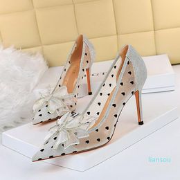 Women Shoes High Heels Sexy Pointed Toe 9cm Pumps Wedding Dress Shoes Black Shiny Bow Bow Rhinestones