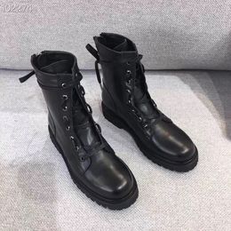 Hot Sale-high Quality Lace-up Ankle Boots Women Black Leather/Rubber Army Boots Calf Luxury Fashion Shoes Back zipper booties