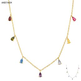 ANDYWEN 925 Sterling Silver Gold Seven Ovals Zircon Choker Necklace Long Chain Women Fashion Luxury Jewelry European Party Q0531