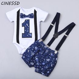 Baby Boy Clothes One Year Birthday Baby Costume Boys 1st Gentleman Tie Romper Straps Shorts Toddler Baby Clothing Set Outfits LJ200917