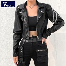 Vangull Faux Leather Cropped Jacket Women Punk Harajuku Black Coat Woman Gothic Long Sleeve Overcoat With Chains Spring 201210